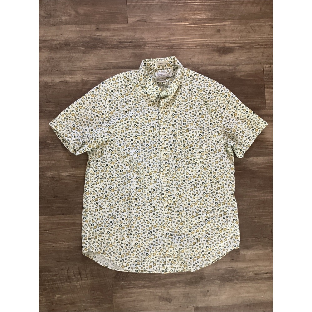 J.Crew Secret Wash Shirt Mens L Navy Green Yellow Floral Short Sleeve Cotton